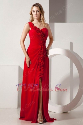 Designer One Shoulder Rosette Sexy Split Red Evening Dress