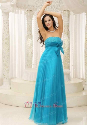 Crinkle Ruching Empire Sky Blue Chiffon Evening Dress With Bowknot 