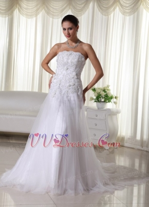 Lovely Applique Decorate Net Wedding Dress Strapless Cheap Price Low Price