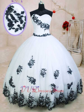 Sweetheart Princess Quinceanera Celebrity Pageant White Mesh Ball Gown Black Details