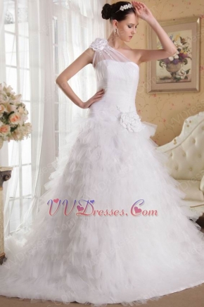 White A-line One Shoulder Ruffled Wedding Dress With Chapel Train