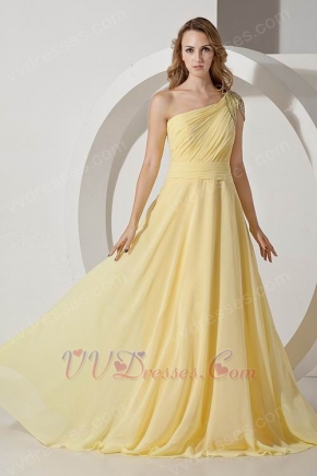 Ruched One Shoulder Side Zip Yellow Evening Dress