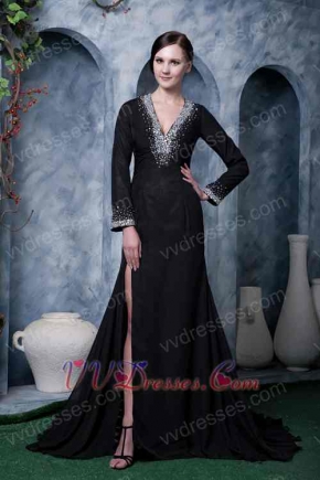 Deep V Black Chiffon Beaded Emberllish Long Sleeves Evening Dress Night Club