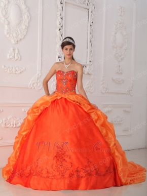 Orange Embroidered Bottom Quinceanera Gown With Chapel Train