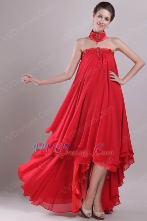 Red Strapless High-low Red Chiffon Embroidery Maternity Prom Dress