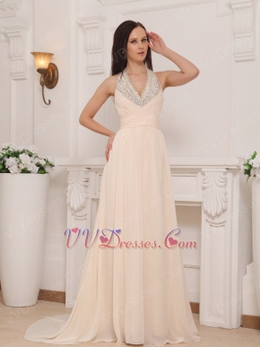 Halter Brush Train Baby Pink Chiffon Beaded Prom Dress 2014