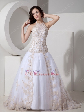 Exclusive Halter Western Wedding Dress With Champagne Applique