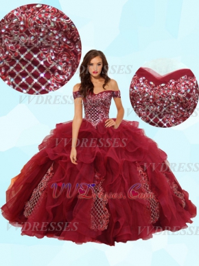 Off Shoulder V-Shaped Dropped Waist Ruffles With High Applique Quinceanera Ball Gown 2020