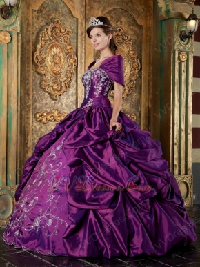 Strapless Purple Embroidered Quinceanera Gown With Shawl