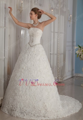 Exquisite Strapless Rolled Fabric Flowers Ivory Bridal Wedding Dress