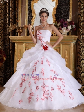 Strapless Quinceanera White Dress With Red Embroidery Destails