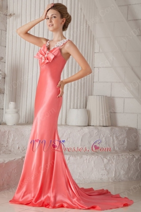 Spaghetti Straps Column Skirt Beaded Watermelon Prom Dress Petite