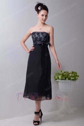 Custom Black Chiffon Tea Length Evening Dress With Lace