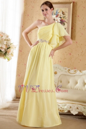 One Shoulder Ruffle Sleeve Chapel Train Yellow Green Chiffon Prom Dress