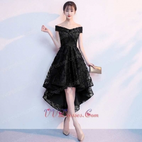 2018 Hot Sale Amazon Style Black V Lace High Low Prom Party Dress