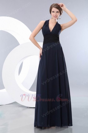 Halter V-Neck Long Navy Blue Chiffon Designer Prom Dress