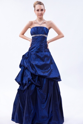 Strapless Navy Blue Taffeta Prom Ball Gown For Low Price