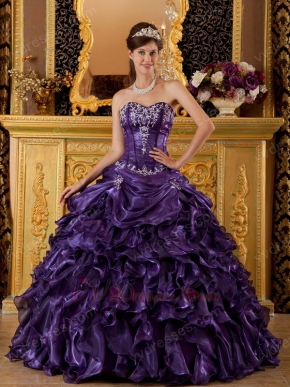 Purple Organza Strapless Puffy La Quinceanera Dresses Gown