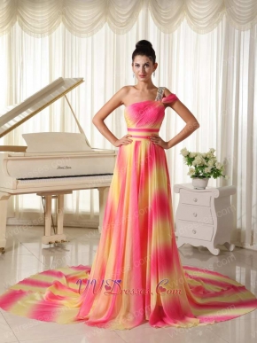 Brilliant One Shoulder Ombre Color Masque Prom Dress With Court Train