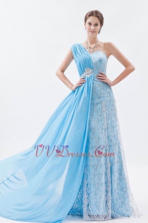 2013 One Shoulder Lace Skirt Aqua Blue Chiffon Prom Dress