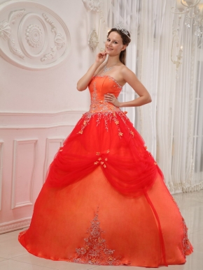Strapless Puffy A Skirt Quinceanera Dress In Orange Red