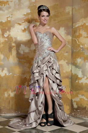 High-low Brown Taffeta Ruffles Skirt and Sequin Bodice Prom Dress Inexpensive