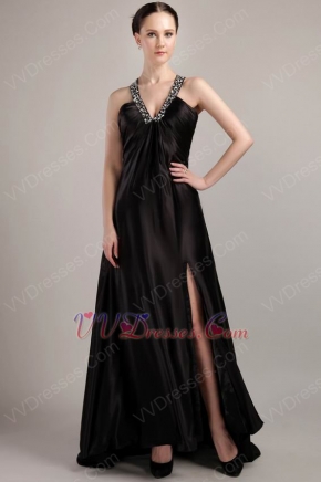 Sexy V-neck Cross Backless Long Black Chiffon Prom Dress With Split