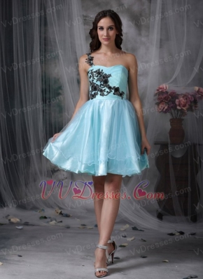 Light Blue One Shoulder Mini Prom Dress With Black Appliques Knee Length Sexy