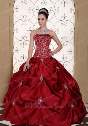 Embroidery Pick-ups Puffy Ball Gown Wine Red Quinceanera Dress For Girls