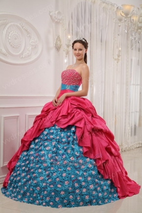 2014 Best Sell Rose Pink Girl Quinceanera Dress With Teal Applique