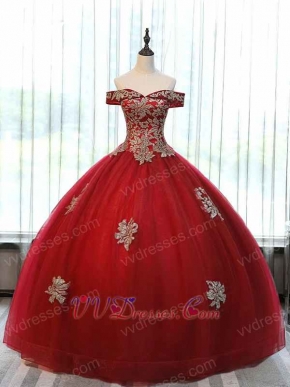 Off Shoulder Basque Corset Red Tulle Puffy Skirt Horsehair Hemline Ceremony Ball Gown