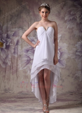 V-Shaped Strapless High-low Skirt White Chiffon Prom Girl Dress