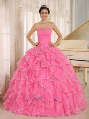 Rose Pink Ruffles With Silver Edge Ball Gown Plus Size Custom Free