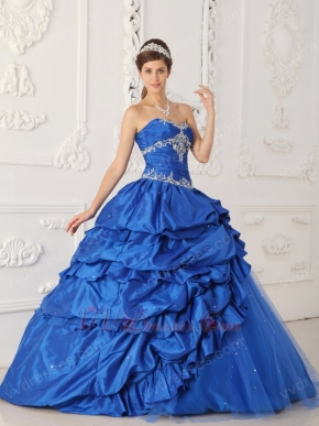 Royal Blue Appliqued Picks-up Quinceanera Dress For Discount