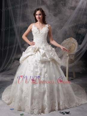 Ivory Princess V-neck Puffy Lace Bridal Gown Custom Made Low Price