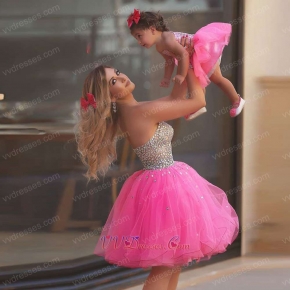 Lovely AB Crystals Short Hot Pink Prom Dress Young Mother
