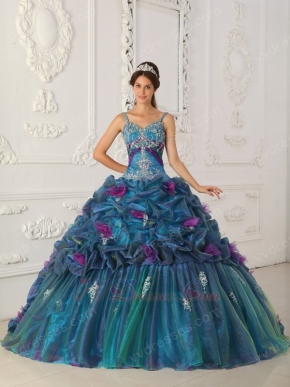 Spaghetti Straps Teal Quinceanera Dress With Handmade Flowers