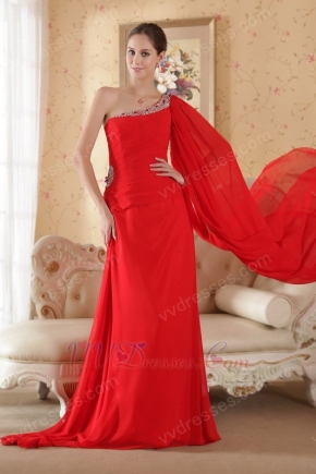 One Shoulder Watteau Train Red Prom Dress With Beading