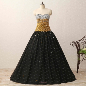 Silver and Gold Beading Bodice Evening Puffy Prom Party Dress Black