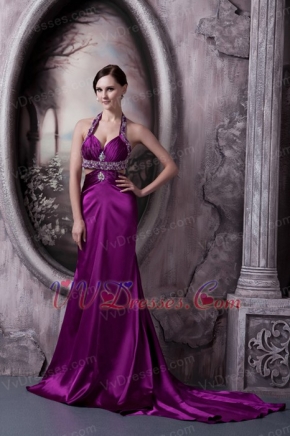 Halter Silk Like Satin Eggplant Purple Prom Dress For Women Inexpensive