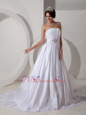 Cheap Strapless Cathedral Train White Puffy Wedding Dress