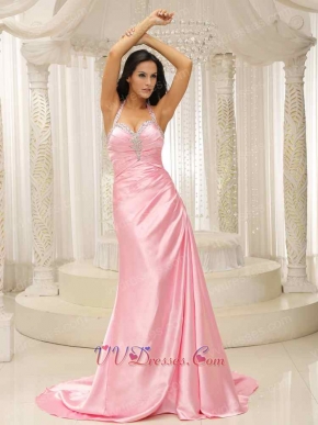 Halter Top Baby Pink Sheen Evening Gowns Company Annual Meeting