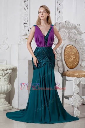 Unique V-Neck Colorful Purple And Dark Green Prom Dress Petite