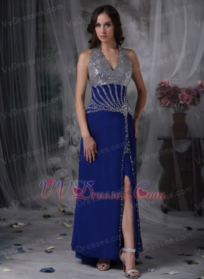 Halter Sequin Royal Blue Chiffon Prom Dress With Side Split Inexpensive