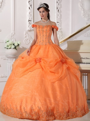 Off Shoulder Neckline Orange Organza Quinceanera Dress Cheap