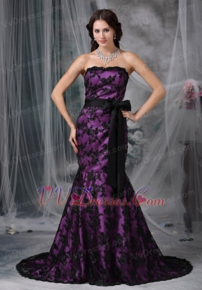 Purple Strapless Mermaid Petite Prom Gown With Black Lace Inexpensive