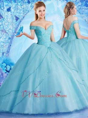 Off Shoulder Fluffy Ice Blue Mesh Ball Gown For Quinceanera Ceremony Girl Wear