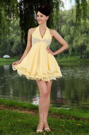 Sexy Halter Mini Yellow Graduation Dress With Mini Skirt