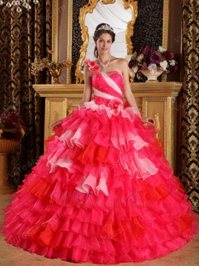 Single Shoulder 2014 Multi-Color Layers Skirt Quinceanera Gown