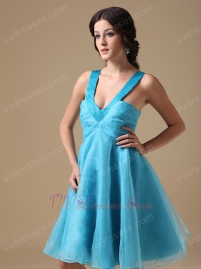 Straps V-neck Knee-length Aqua Organza Short Prom Dress